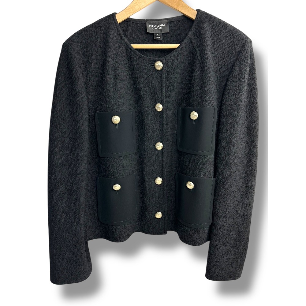 St John Caviar Black Textured Knit‎ Blazer Jacket Gold Button Pockets Size 14